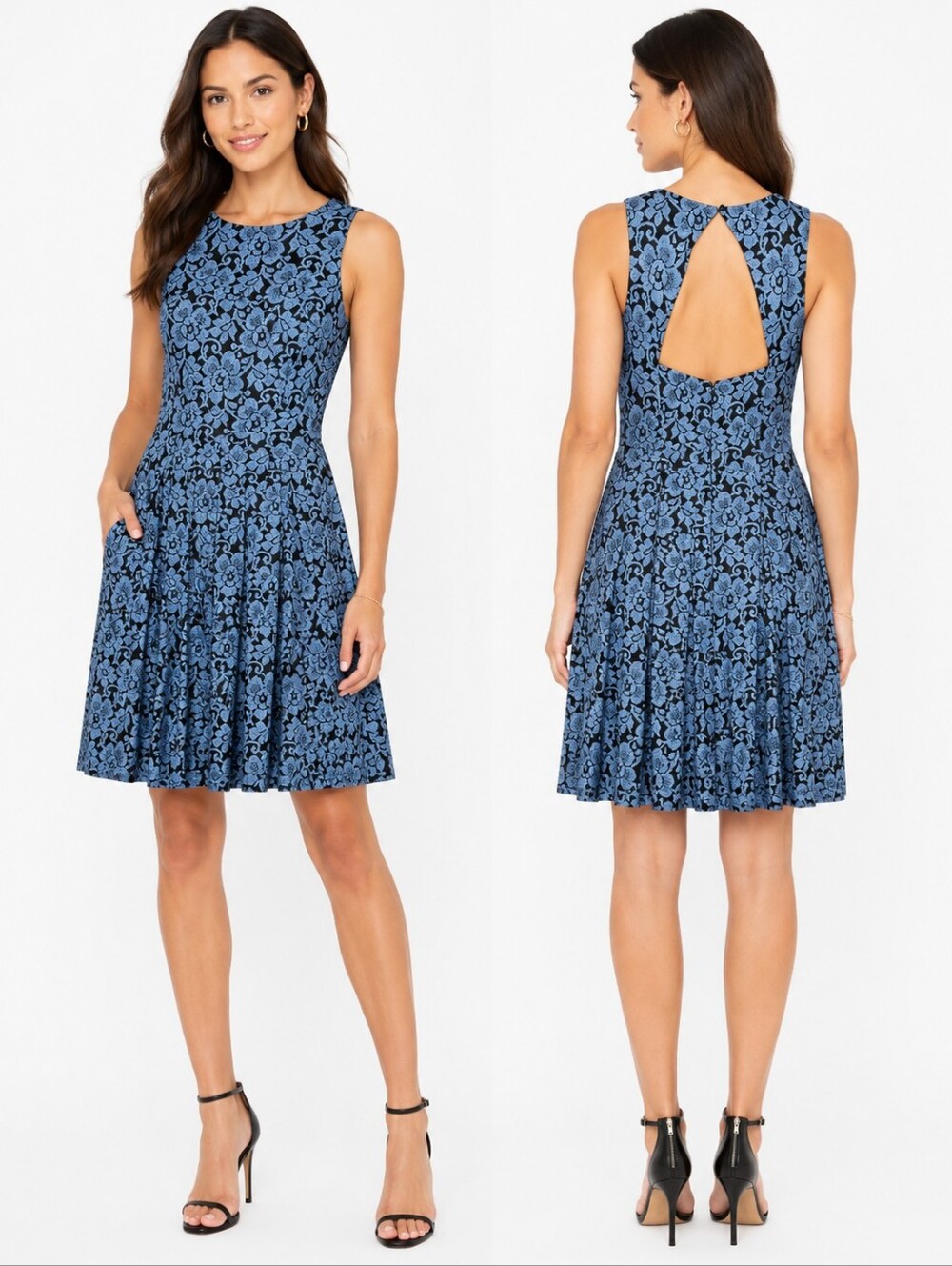 Eliza J Lace Black Blue Floral Cocktail Fit Flare Pleated Mini Dress Size 4